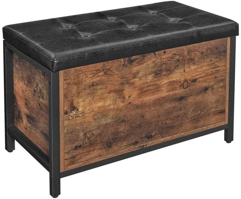 Banc de rangement siège rembourré bout de lit pour couloir chambre salon en métal montage facile style industriel 80 x 40 x 50 cm pu noir marron rustique 12_0000238
