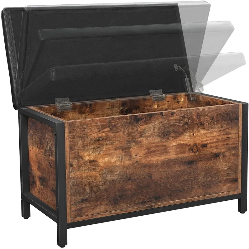 Banc de rangement siège rembourré bout de lit pour couloir chambre salon en métal montage facile style industriel 80 x 40 x 50 cm pu noir marron rustique 12_0000238