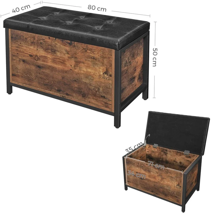 Banc de rangement siège rembourré bout de lit pour couloir chambre salon en métal montage facile style industriel 80 x 40 x 50 cm pu noir marron rustique 12_0000238