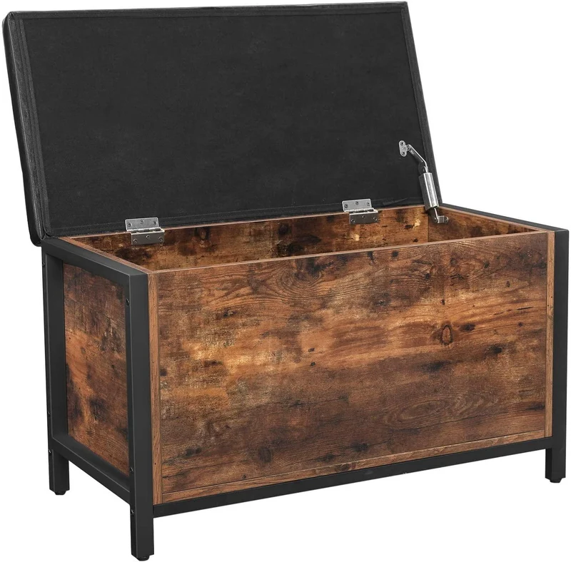 Banc de rangement siège rembourré bout de lit pour couloir chambre salon en métal montage facile style industriel 80 x 40 x 50 cm pu noir marron rustique 12_0000238