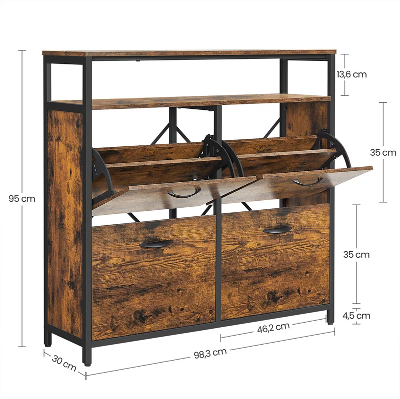 Meuble à chaussures avec 4 abattants meuble de rangement compartiment ouverts séparateurs réglables pour entrée 12-20 paires 98,3 x 30 x 95 cm marron 12_0006371