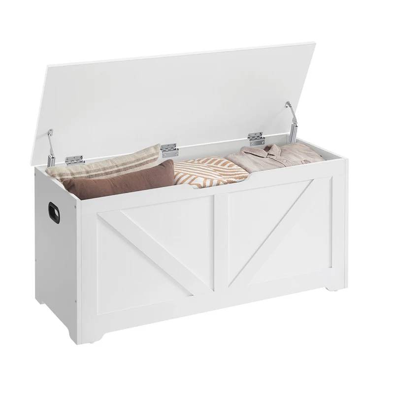 Coffre de rangement intérieur banc à chaussures pouf banquette rangement pour jouet enfant avec charnières de sécurité style grange 100 x 40 x 46 cm blanc 12_0005140