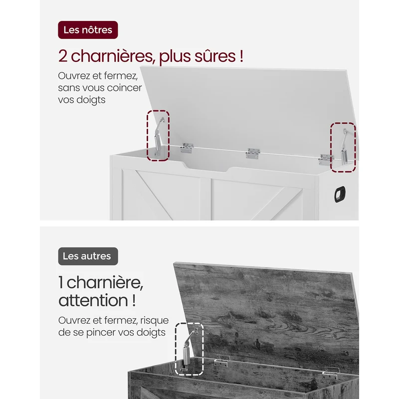Coffre de rangement intérieur banc à chaussures pouf banquette rangement pour jouet enfant avec charnières de sécurité style grange 100 x 40 x 46 cm blanc 12_0005140