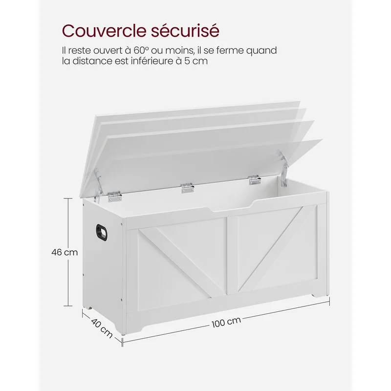 Coffre de rangement intérieur banc à chaussures pouf banquette rangement pour jouet enfant avec charnières de sécurité style grange 100 x 40 x 46 cm blanc 12_0005140