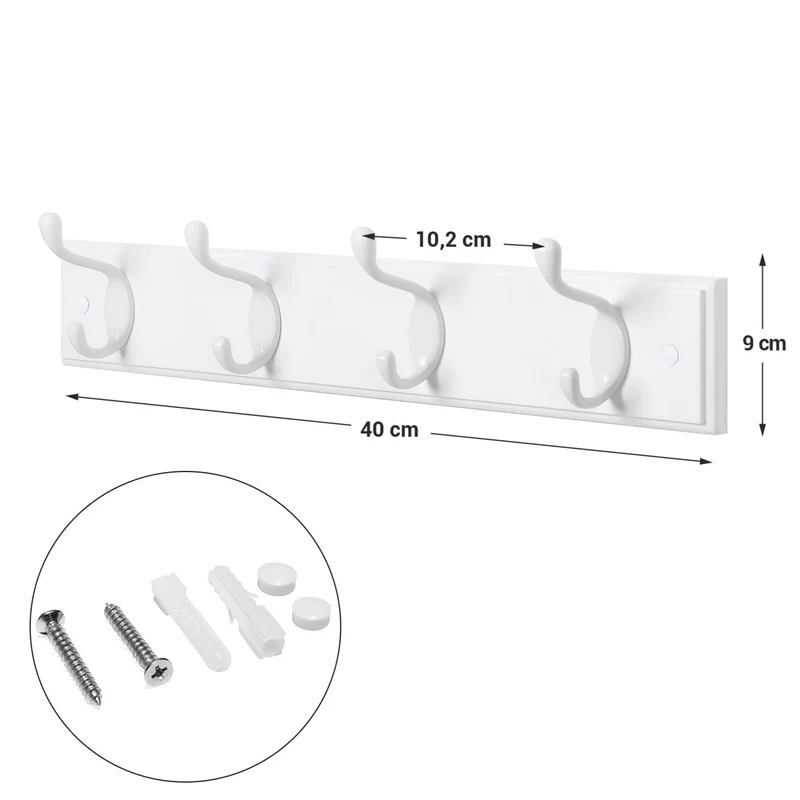 Porte-manteau mural portant à vêtement avec 4 crochets pour chapeaux écharpes parapluies clés 40 cm pour entrée salle de bain blanc 12_0003150