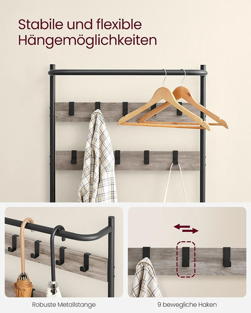 Meuble d’entrée 32,2 x 64 x 180 cm porte-manteaux avec banc et étagère à chaussures 9 crochets amovibles tringle pour entrée chambre style industriel gris 12_0006392