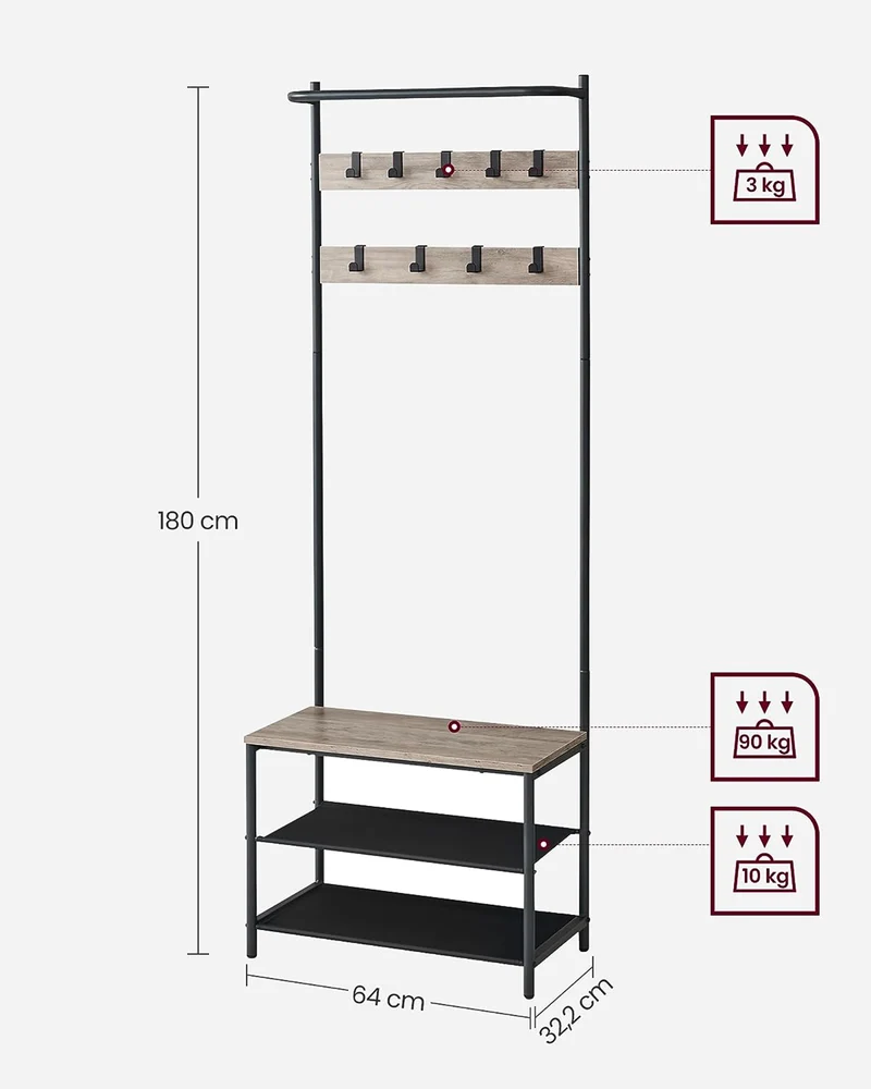 Meuble d’entrée 32,2 x 64 x 180 cm porte-manteaux avec banc et étagère à chaussures 9 crochets amovibles tringle pour entrée chambre style industriel gris 12_0006392
