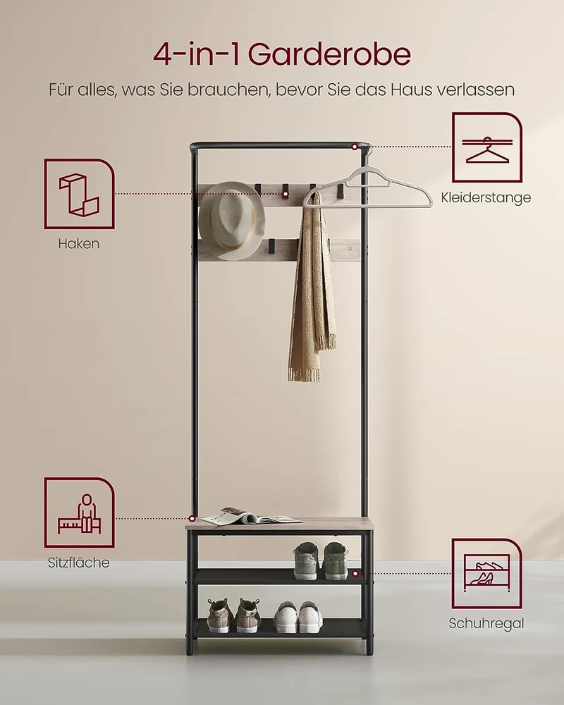 Meuble d’entrée 32,2 x 64 x 180 cm porte-manteaux avec banc et étagère à chaussures 9 crochets amovibles tringle pour entrée chambre style industriel gris 12_0006392