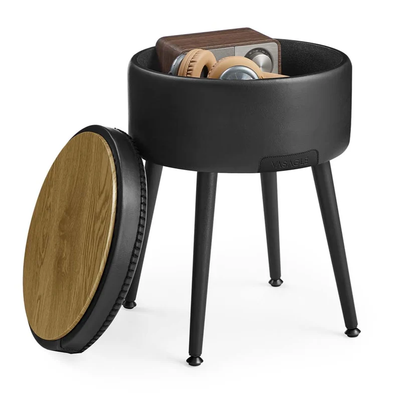 Pouf de rangement tabouret de coiffeuse PU avec coutures moderne mi-siècle tabouret de rangement rond avec pieds en acier capacité 150 kg noir 12_0005359