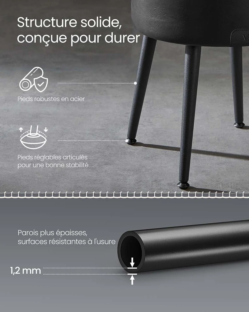Pouf de rangement tabouret de coiffeuse PU avec coutures moderne mi-siècle tabouret de rangement rond avec pieds en acier capacité 150 kg noir 12_0005359
