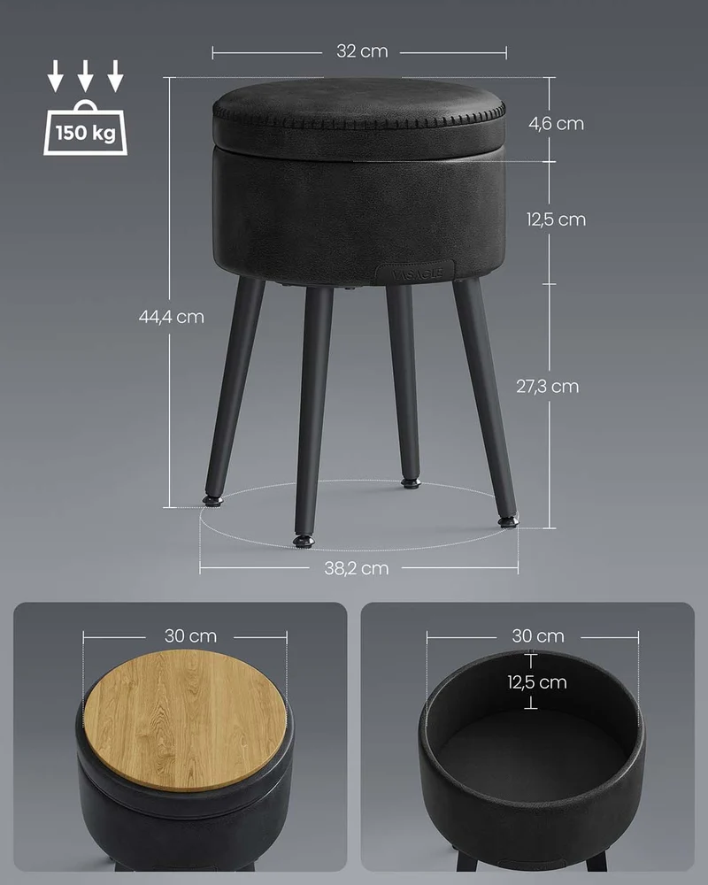 Pouf de rangement tabouret de coiffeuse PU avec coutures moderne mi-siècle tabouret de rangement rond avec pieds en acier capacité 150 kg noir 12_0005359