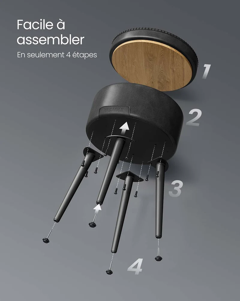 Pouf de rangement tabouret de coiffeuse PU avec coutures moderne mi-siècle tabouret de rangement rond avec pieds en acier capacité 150 kg noir 12_0005359