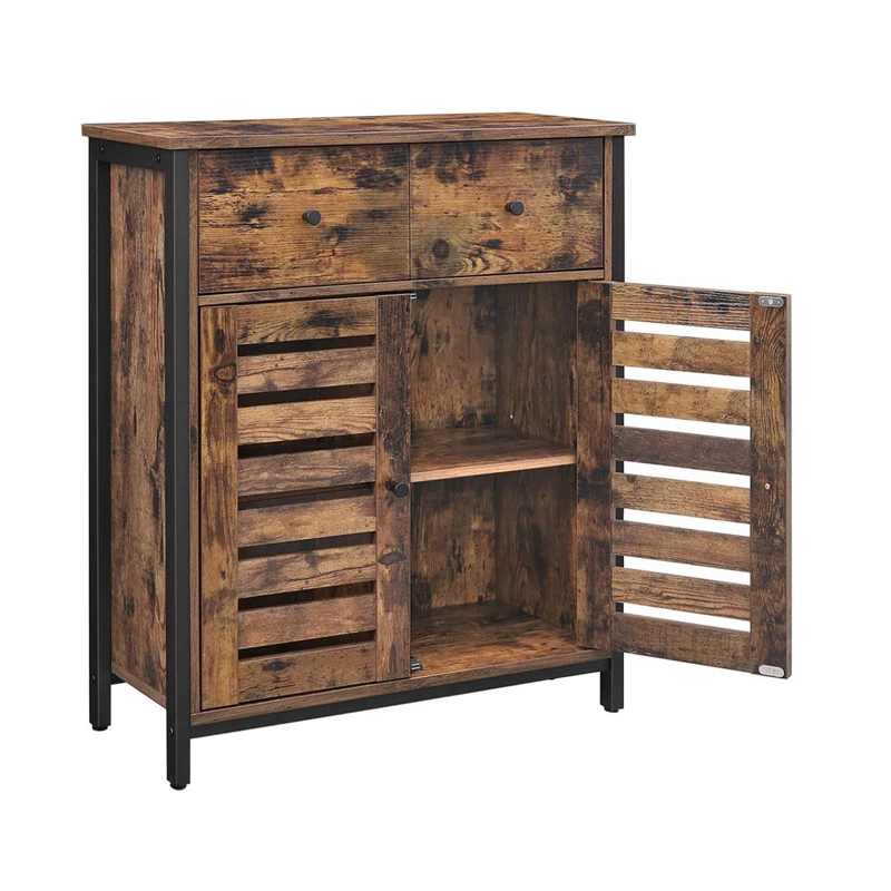 Meuble de rangement placard armoire avec 1 tiroir et étagères portes à persiennes pour salon couloir cuisine bureau chambre 80 cm style industriel marron rustique 12_0002669