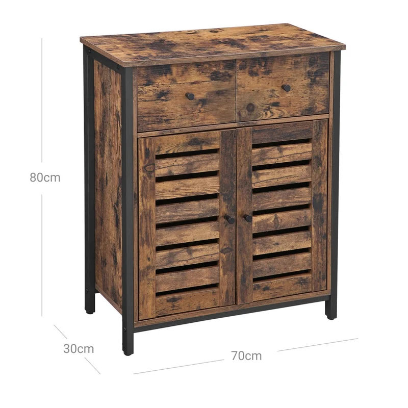 Meuble de rangement placard armoire avec 1 tiroir et étagères portes à persiennes pour salon couloir cuisine bureau chambre 80 cm style industriel marron rustique 12_0002669