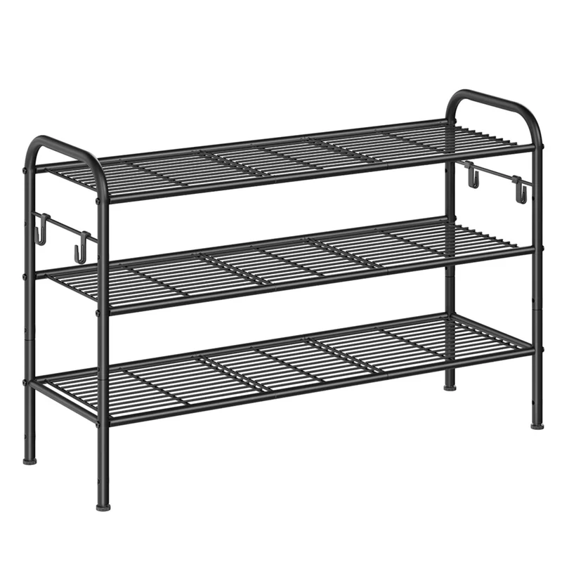 Étagère à chaussures organiseur de chaussures à ２ niveaux en métal avec 4 crochets latéraux 28 x 85 x 53 cm pour 10 paires réglable en hauteur pour entrée couloir placard montage facile noir 12_0005509