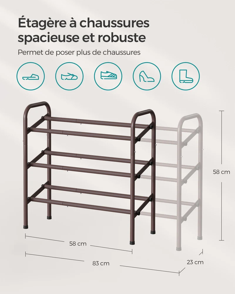 Étagère à chaussures à 2 niveaux rangement ajustable 23 x 58 x 42 cm pour chaussures pour entrée placard assemblage facile en métal marron 12_0005462