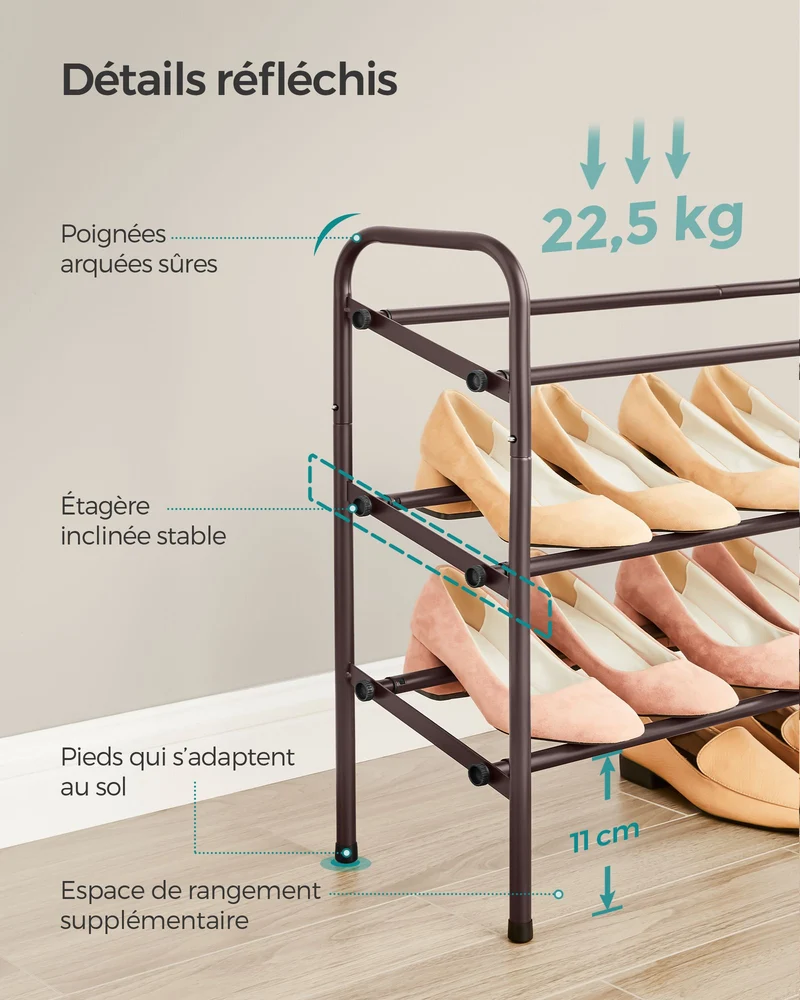 Étagère à chaussures à 2 niveaux rangement ajustable 23 x 58 x 42 cm pour chaussures pour entrée placard assemblage facile en métal marron 12_0005462