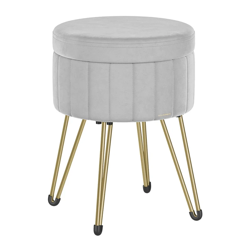Tabouret rond en velours avec espace de rangement 39 cm de diamètre 4 pieds en métal pour dressing salon chambre à coucher gris 12_0006165