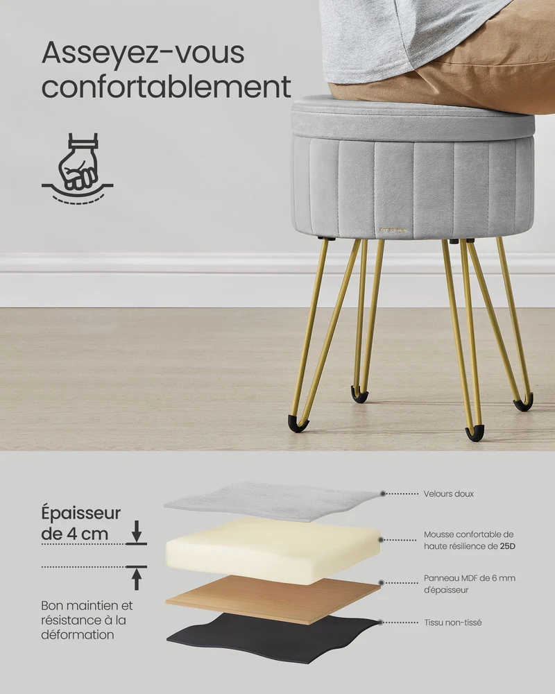 Tabouret rond en velours avec espace de rangement 39 cm de diamètre 4 pieds en métal pour dressing salon chambre à coucher gris 12_0006165