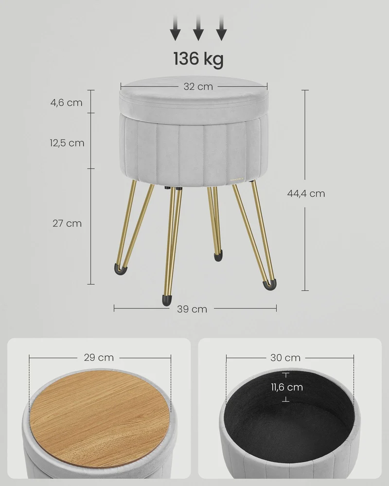 Tabouret rond en velours avec espace de rangement 39 cm de diamètre 4 pieds en métal pour dressing salon chambre à coucher gris 12_0006165