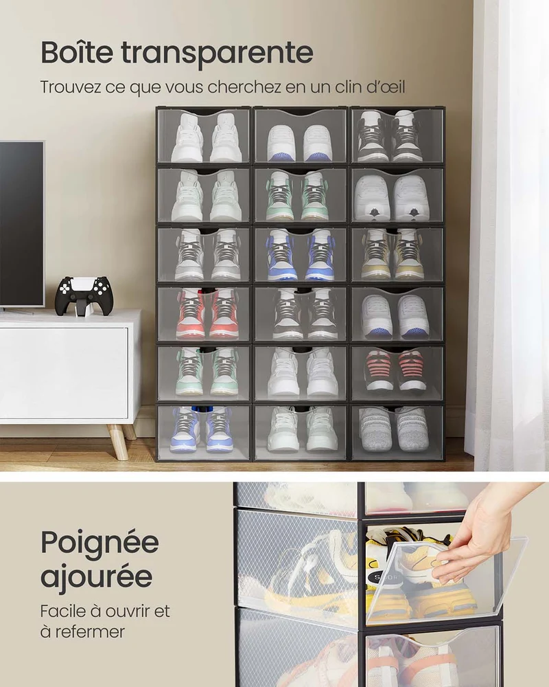 Boîtes à chaussures organisateurs en plastique avec porte lot de 12 empilables montage facile 332 x 23 x 145 cm pour pointure jusqu'à 43 noir 12_0004464