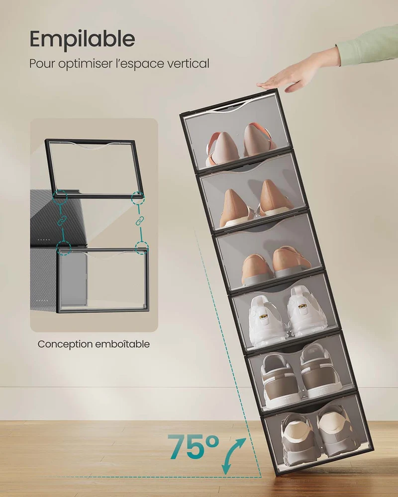 Boîtes à chaussures organisateurs en plastique avec porte lot de 12 empilables montage facile 332 x 23 x 145 cm pour pointure jusqu'à 43 noir 12_0004464