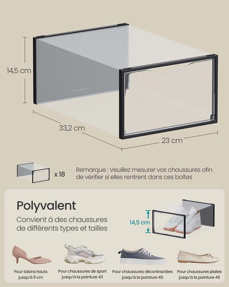 Boîtes à chaussures organisateurs en plastique avec porte lot de 12 empilables montage facile 332 x 23 x 145 cm pour pointure jusqu'à 43 noir 12_0004464