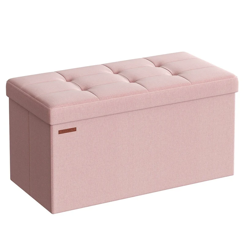 Banc de rangement pliable pouf coffre bout de lit banquette 110 x 38 x 38 cm tissu façon lin charge 300 kg pour entrée chambre rose 12_0004154
