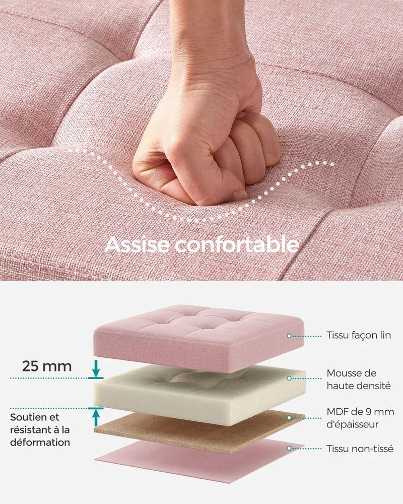 Banc de rangement pliable pouf coffre bout de lit banquette 110 x 38 x 38 cm tissu façon lin charge 300 kg pour entrée chambre rose 12_0004154
