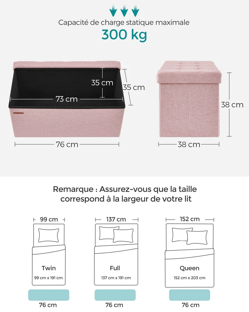 Banc de rangement pliable pouf coffre bout de lit banquette 110 x 38 x 38 cm tissu façon lin charge 300 kg pour entrée chambre rose 12_0004154