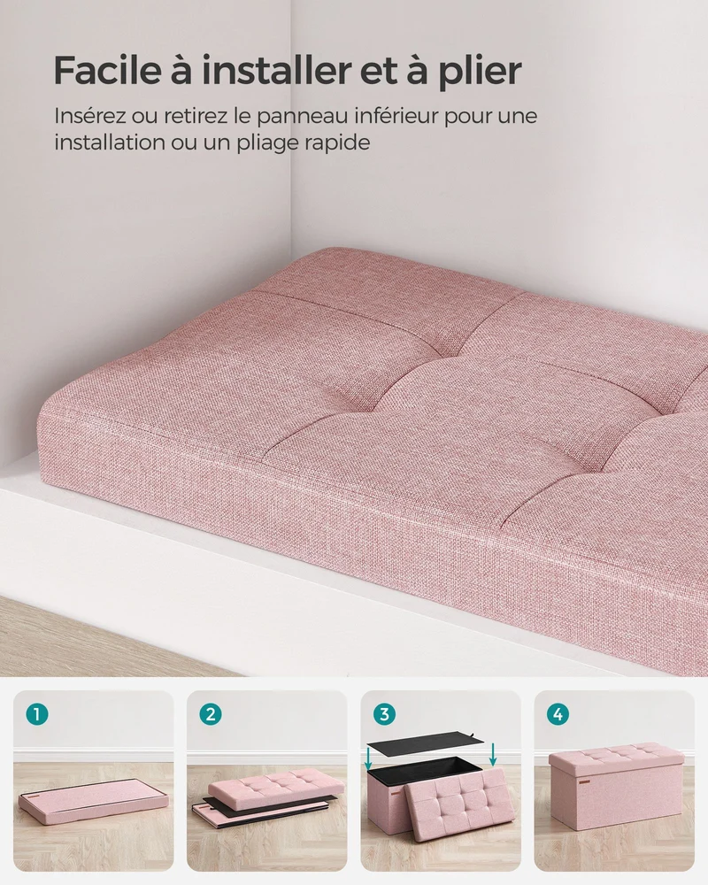 Banc de rangement pliable pouf coffre bout de lit banquette 110 x 38 x 38 cm tissu façon lin charge 300 kg pour entrée chambre rose 12_0004154