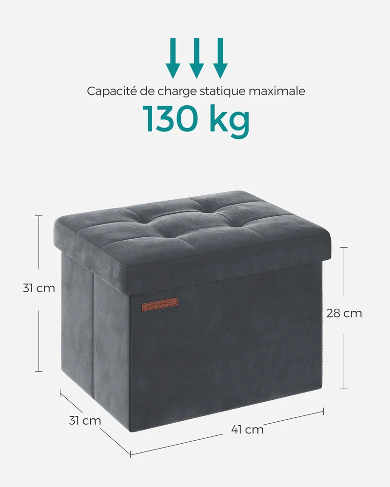 Banc de rangement boîte pliable en velours repose-pieds avec couvercle 31 x 41 x 31 cm capacité de charge 130 kg pour couloir salon gris 12_0004136
