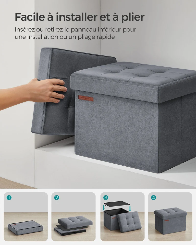Banc de rangement boîte pliable en velours repose-pieds avec couvercle 31 x 41 x 31 cm capacité de charge 130 kg pour couloir salon gris 12_0004136