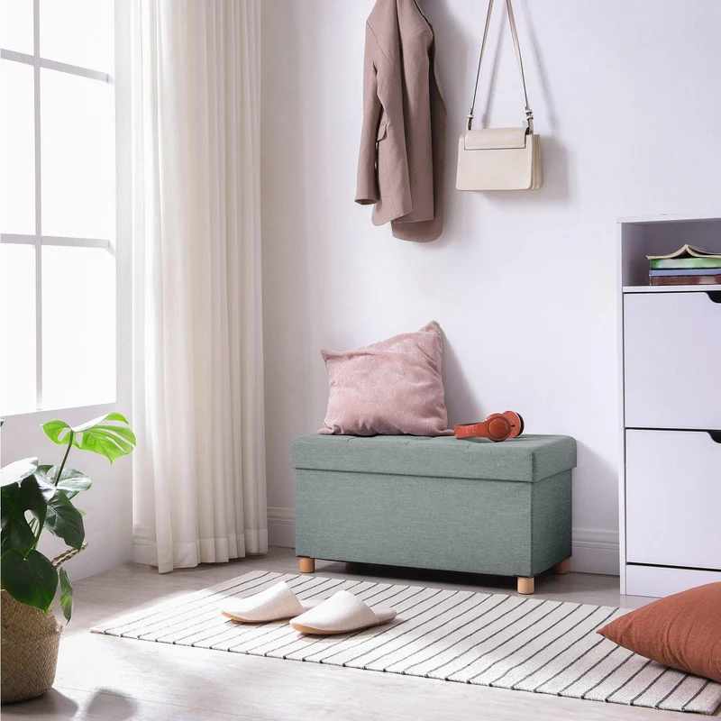 Banc de rangement tabouret rembourré pliable coffre avec couvercle pieds en bois massif gain de place volume 65l capacité de charge 300 kg pour chambre couloir gris clair 12_0003152