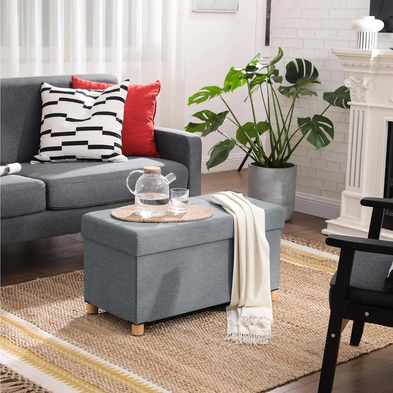 Banc de rangement tabouret rembourré pliable coffre avec couvercle pieds en bois massif gain de place volume 65l capacité de charge 300 kg pour chambre couloir gris clair 12_0003152