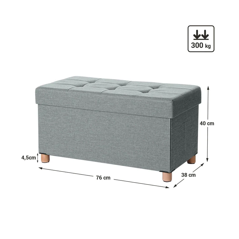Banc de rangement tabouret rembourré pliable coffre avec couvercle pieds en bois massif gain de place volume 65l capacité de charge 300 kg pour chambre couloir gris clair 12_0003152