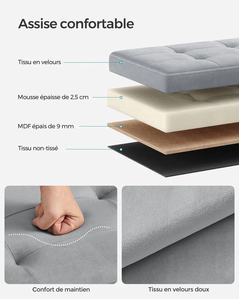Banc de rangement pouf en velours avec couvercle avec 2 boîtes séparateur amovible capacité de charge 300 kg pour couloir salon chambre gris 12_0004158