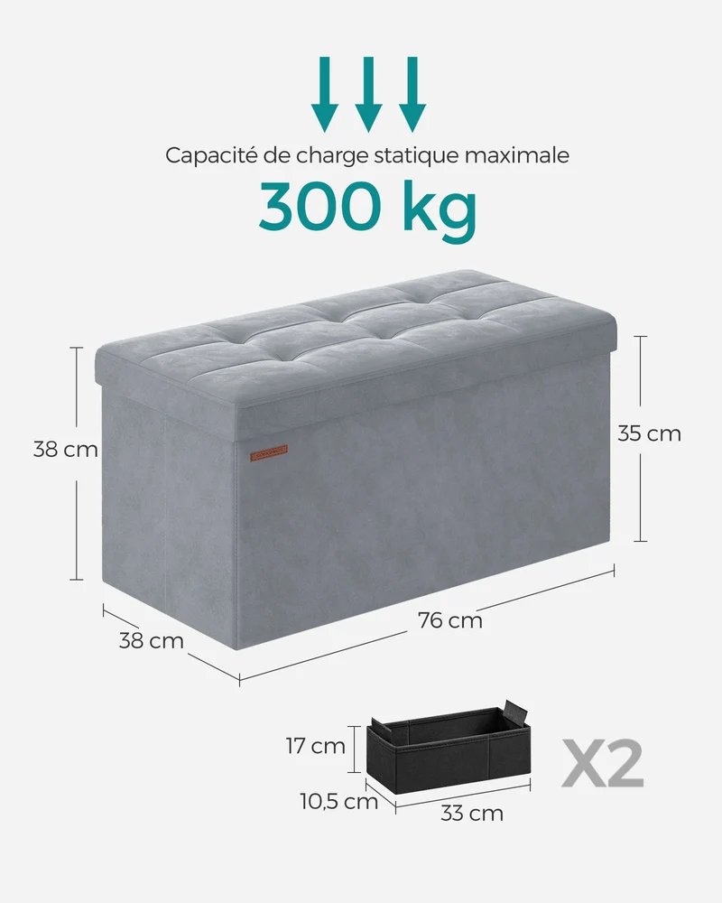 Banc de rangement pouf en velours avec couvercle avec 2 boîtes séparateur amovible capacité de charge 300 kg pour couloir salon chambre gris 12_0004158