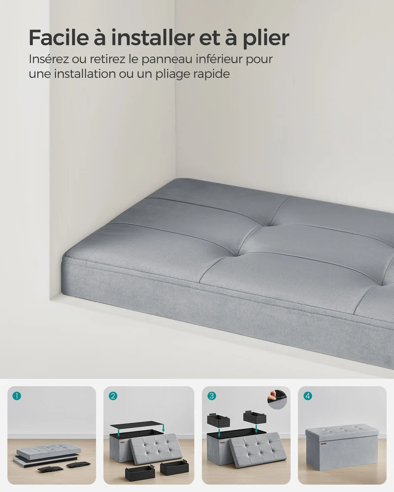 Banc de rangement pouf en velours avec couvercle avec 2 boîtes séparateur amovible capacité de charge 300 kg pour couloir salon chambre gris 12_0004158