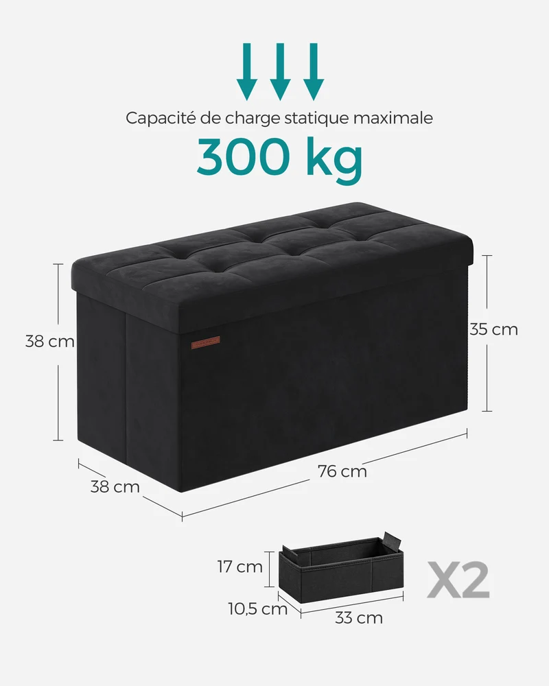 Banc de rangement 38 x 76 x 38 cm pouf en velours avec couvercle avec 2 boîtes séparateur amovible capacité de charge 300 kg pour couloir salon chambre 12_0004165