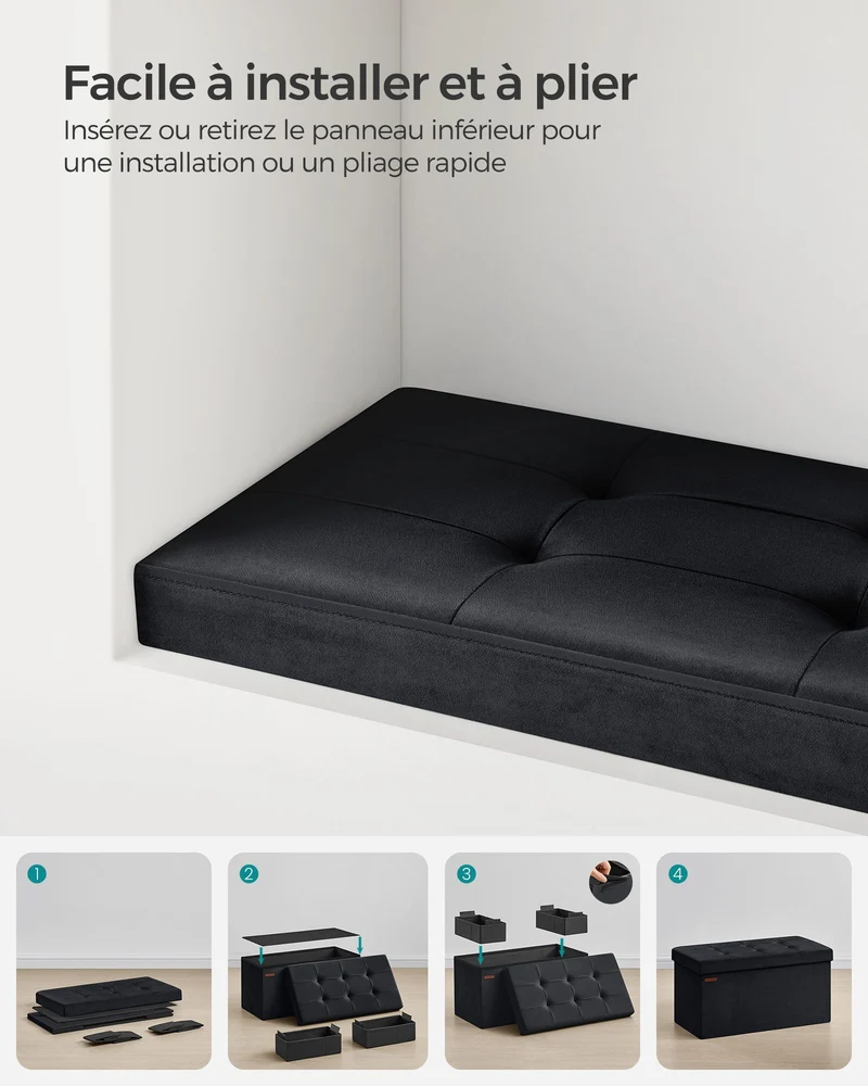 Banc de rangement 38 x 76 x 38 cm pouf en velours avec couvercle avec 2 boîtes séparateur amovible capacité de charge 300 kg pour couloir salon chambre 12_0004165