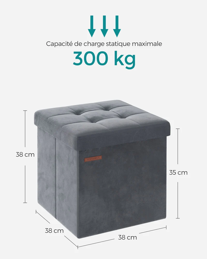 Banc de rangement boîte pliable en velours repose-pieds avec couvercle 31 x 41 x 31 cm capacité de charge 130 kg pour couloir salon gris 12_0004140