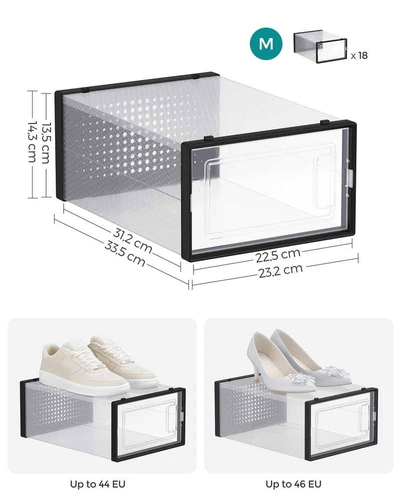 Boîtes à chaussures lot de 18 rangement chaussures pliable pour pointure jusqu’à 44 transparent et blanc 12_0004444