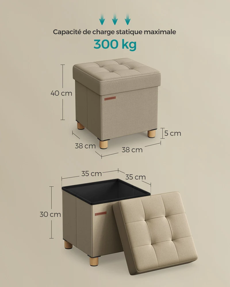 Pouf coffre de rangement tabouret avec repose-pieds pliable banc avec rangement 38 x 38 x 40 cm pour salon chambre marron 12_0007288