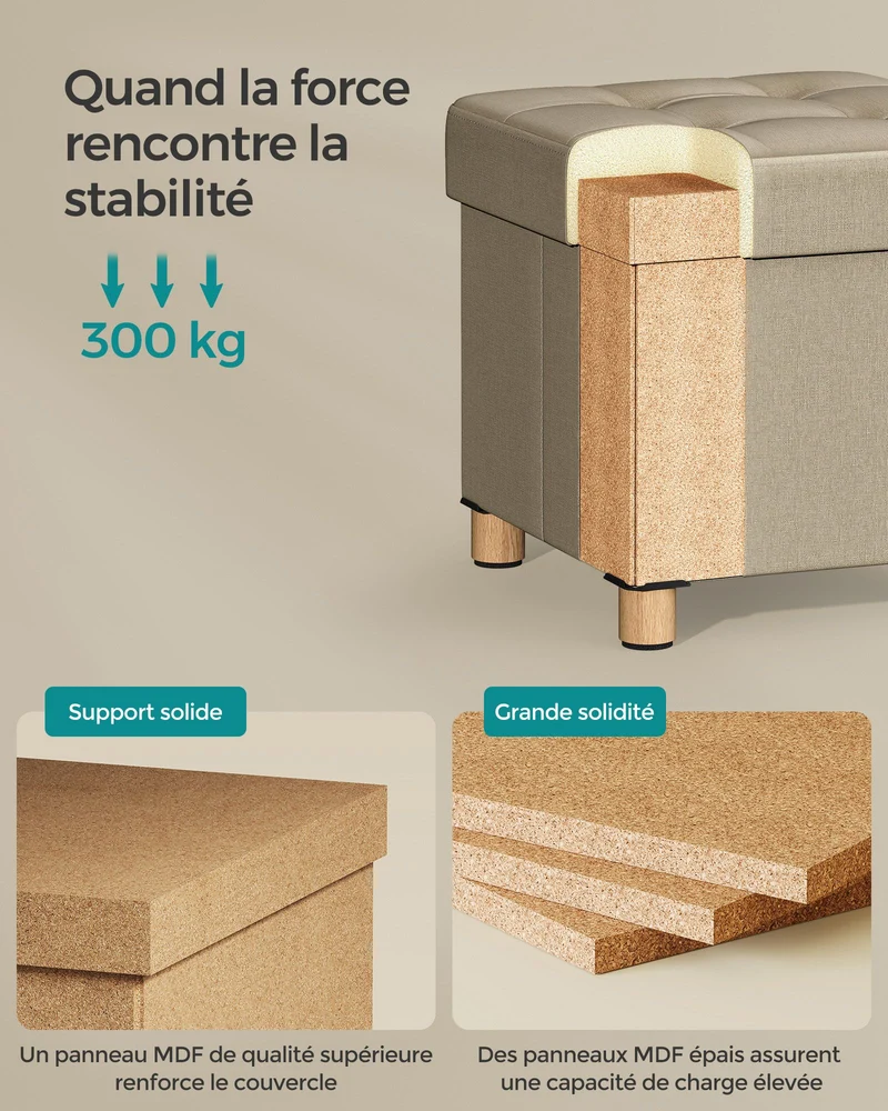 Pouf coffre de rangement tabouret avec repose-pieds pliable banc avec rangement 38 x 38 x 40 cm pour salon chambre marron 12_0007288