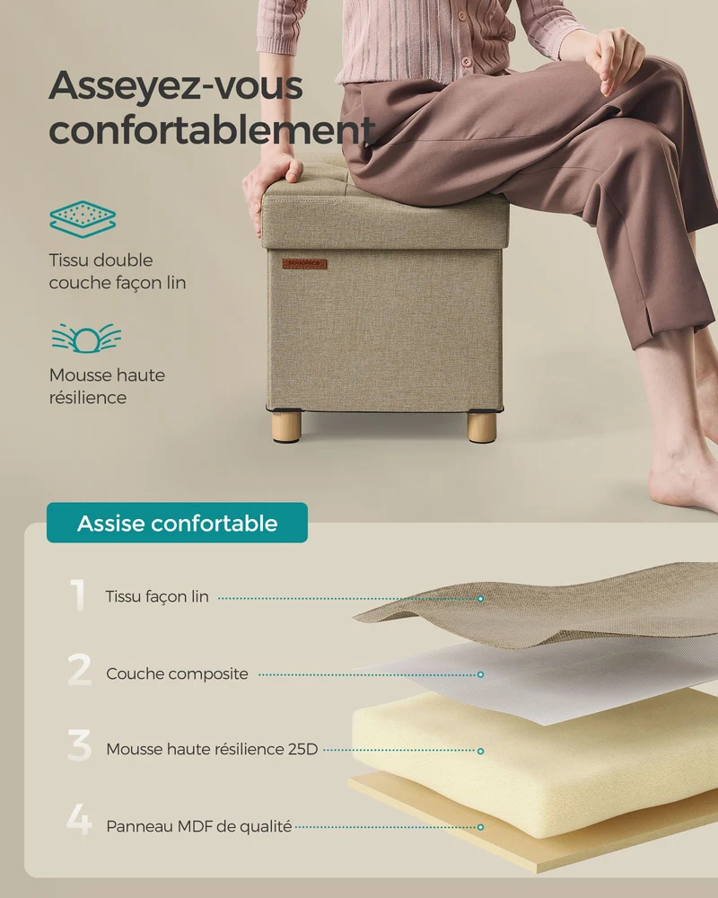 Pouf coffre de rangement tabouret avec repose-pieds pliable banc avec rangement 38 x 38 x 40 cm pour salon chambre marron 12_0007288