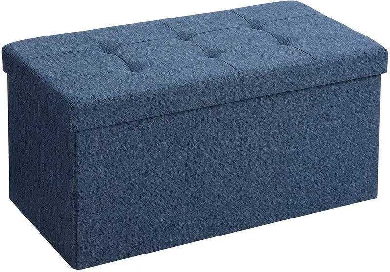 Banc de rangement coffre avec couvercle grand pouf pliable chambre entrée gain d'espace volume de 80 litres charge max de 300 kg rembourrage bleu foncé 12_0000232