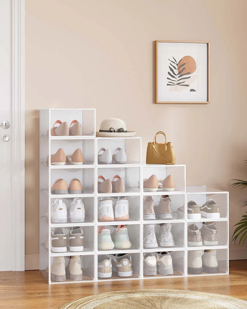 Boîtes à chaussures organisateurs en plastique avec porte lot de 12 empilables montage facile 332 x 23 x 145 cm pour pointure jusqu'à 43 transparentes et blanc 12_0004465