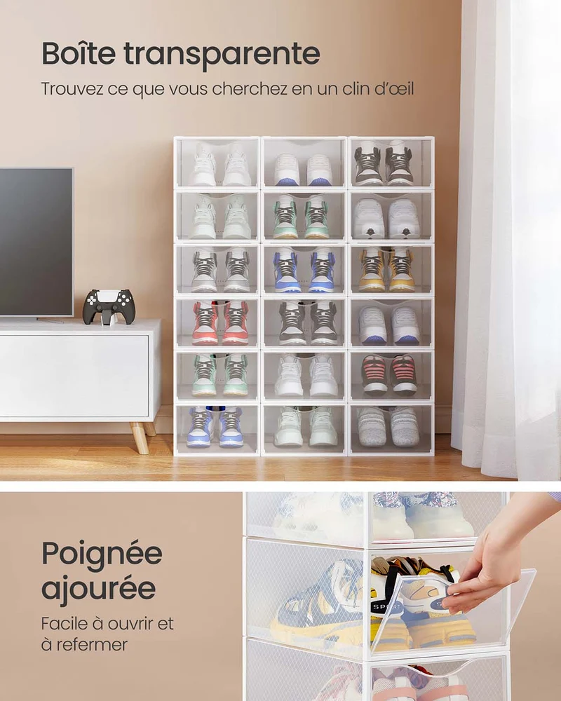 Boîtes à chaussures organisateurs en plastique avec porte lot de 12 empilables montage facile 332 x 23 x 145 cm pour pointure jusqu'à 43 transparentes et blanc 12_0004465
