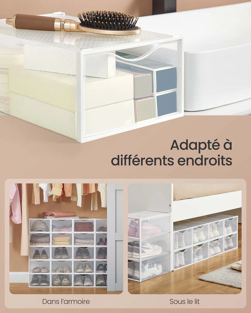 Boîtes à chaussures organisateurs en plastique avec porte lot de 12 empilables montage facile 332 x 23 x 145 cm pour pointure jusqu'à 43 transparentes et blanc 12_0004465